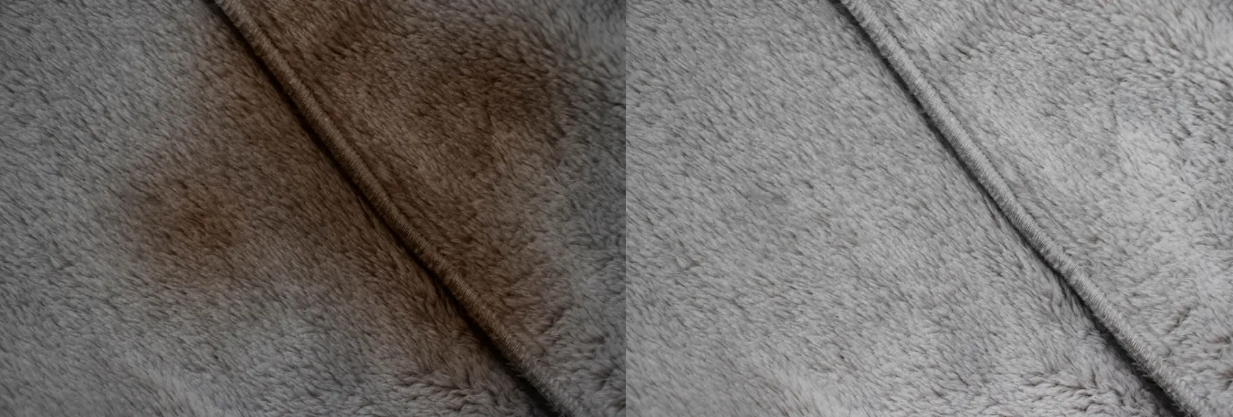 Two close ups of grey fleece pile side by side, brown stain on the left half only