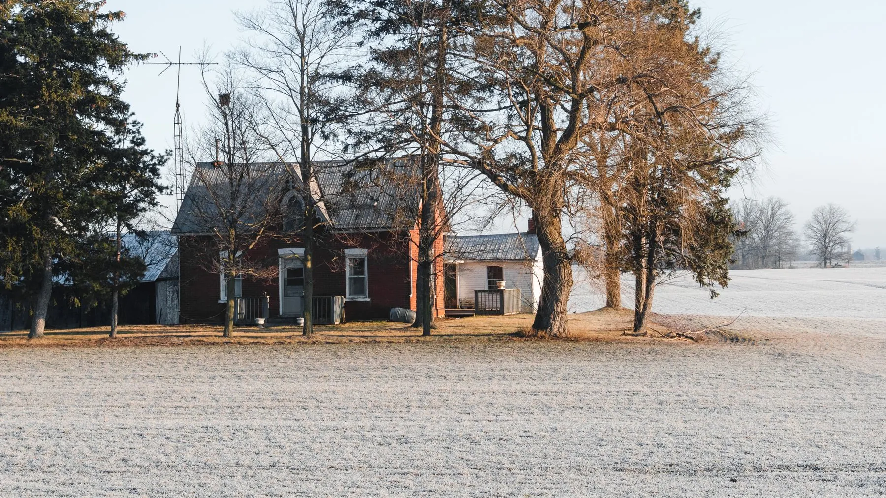 A red brick farmhouse behind bare trees across a frost covered field