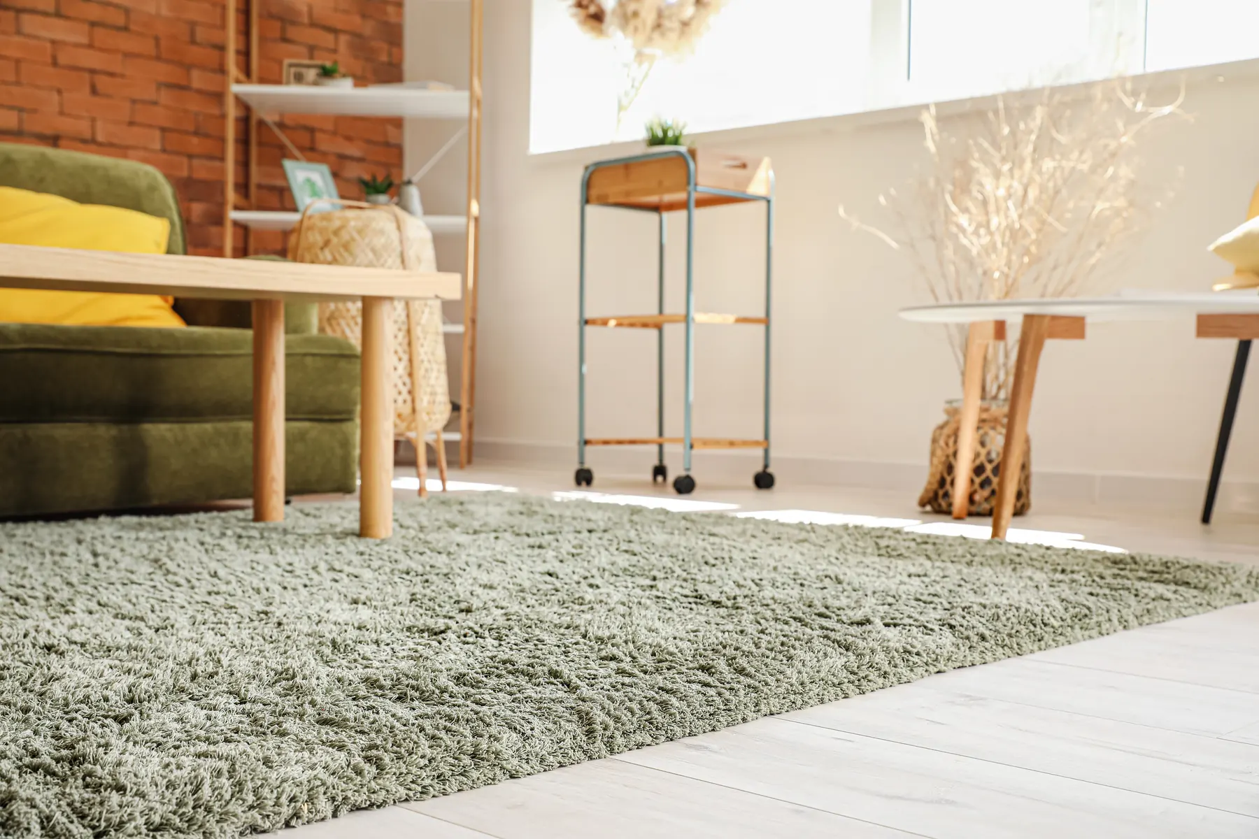 A patterned area rug laid over a pale wood floor in a furnished living room